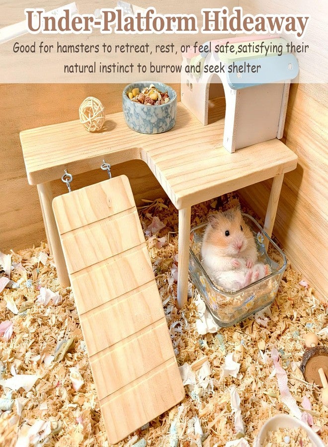 هامليدي منصة خشبية للهامستر مع سلم، منصة لعب لتسلق الفئران، ملحقات قفص، ديكور للهامستر السوري القزم، الجرذان، الفئران (يسار) - Image 3